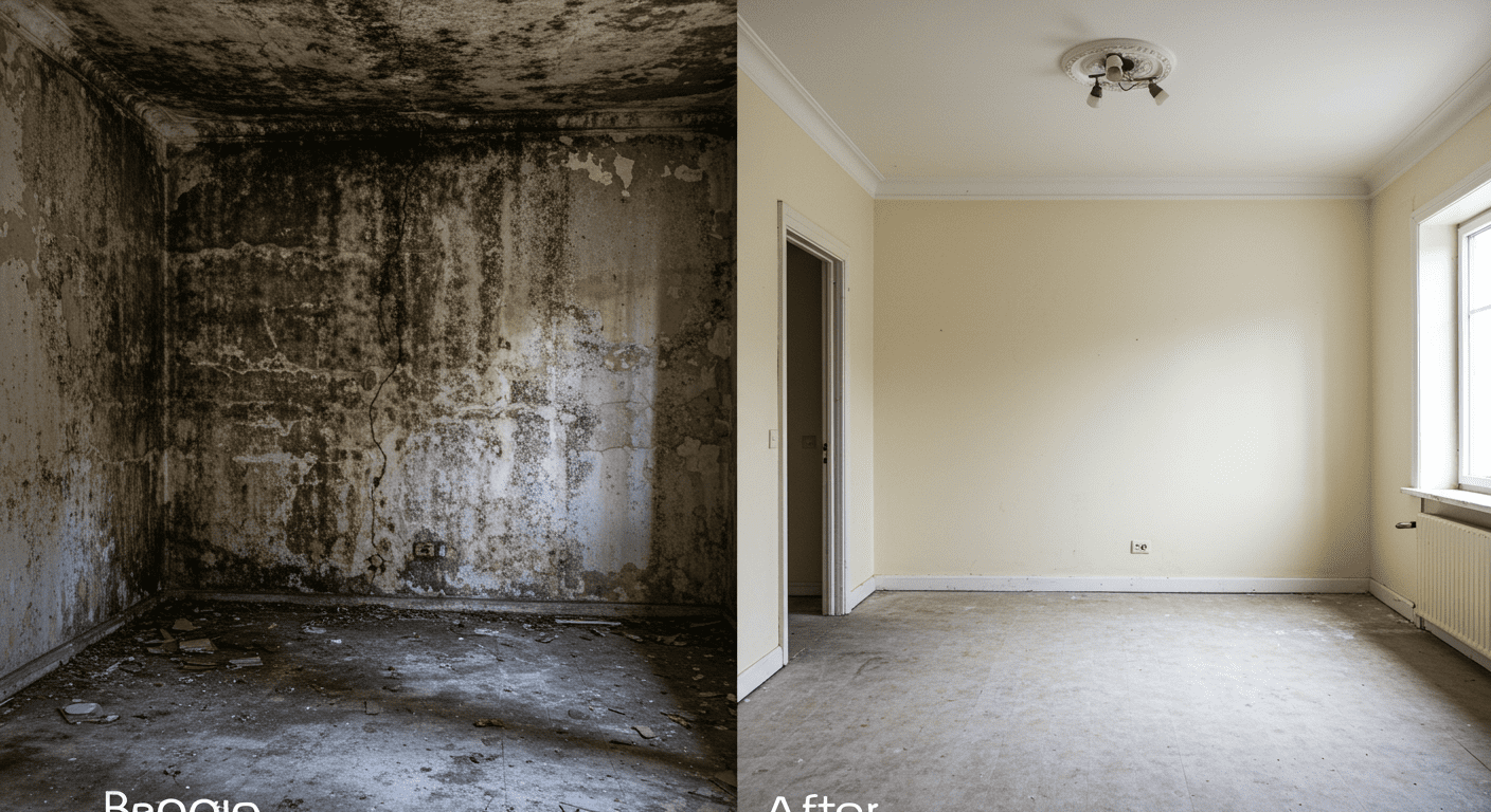 A before-and-after comparison of a room affected by mould, showing the restoration process.