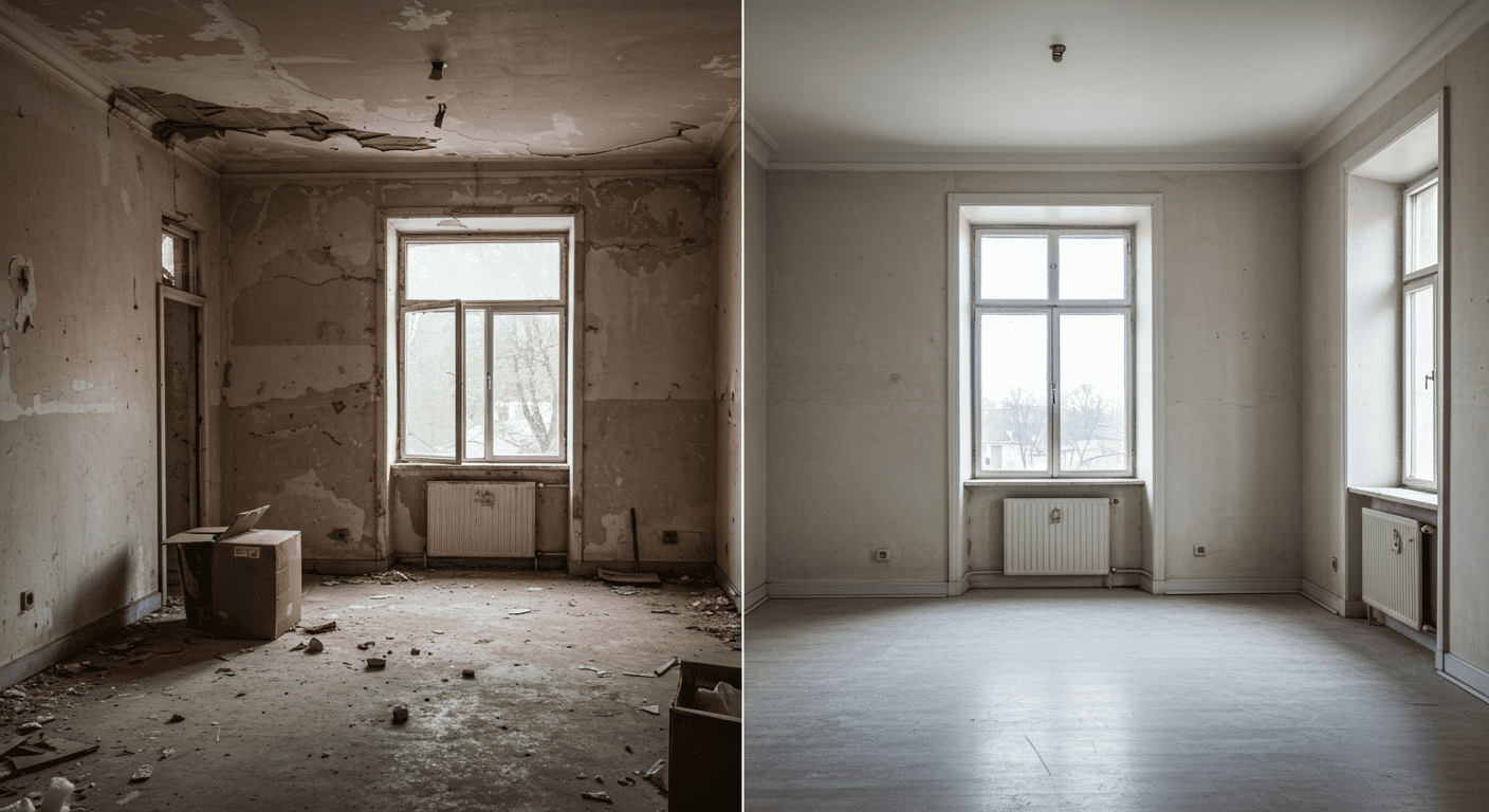 A split image showing a room before restoration (damaged and cluttered) and after restoration (clean and inviting). The contrast highlights the transformation.
