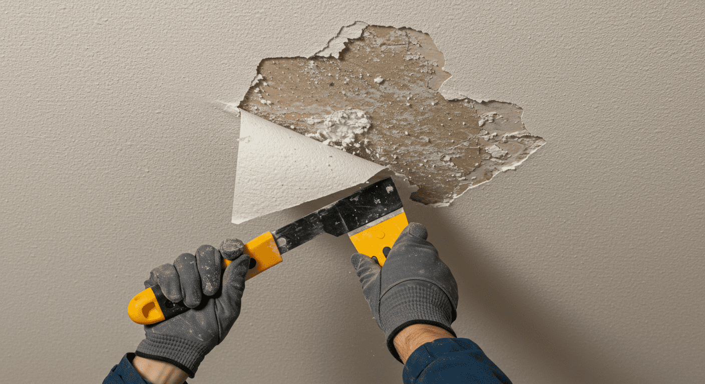 A professional contractor carefully removing a bubble ceiling, showcasing the tools and techniques used.