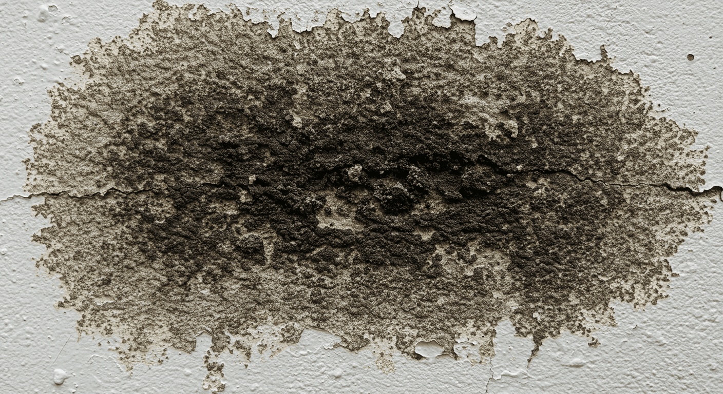 A close-up view of black mold growing on a damp wall, with visible water stains and peeling paint.