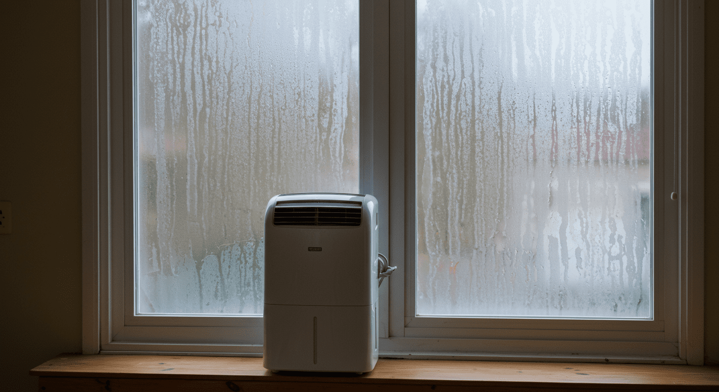 An interior scene showing a dehumidifier in action, with visible condensation on windows, emphasizing the importance of moisture control in preventing mold.