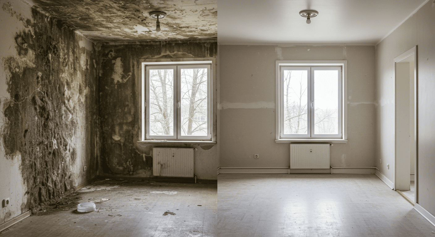 A before-and-after comparison of a room affected by mold damage. The left side shows mold growth, while the right side displays a clean, restored space, emphasizing the transformation.