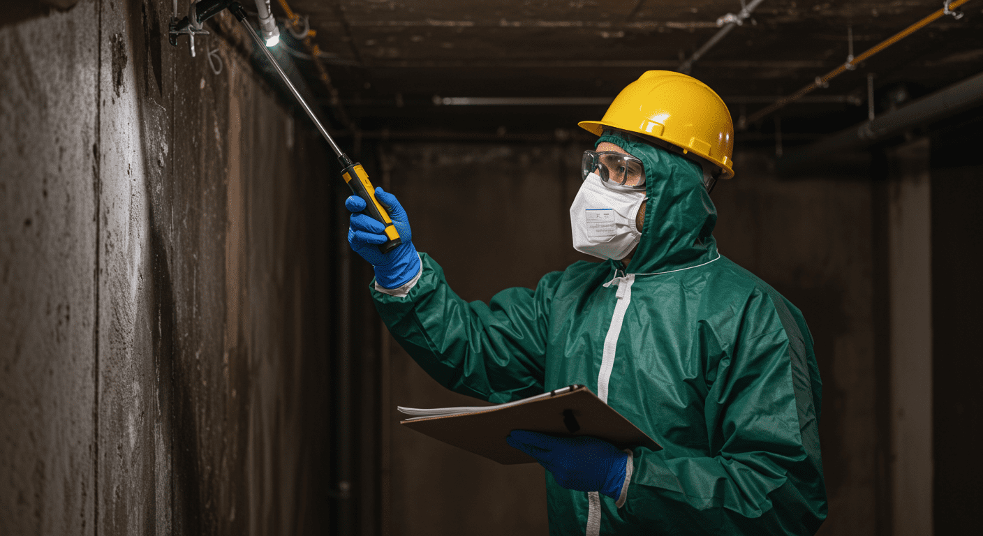 A professional mold inspector wearing protective gear examines a damp basement wall with a flashlight and moisture meter, highlighting the inspection process.