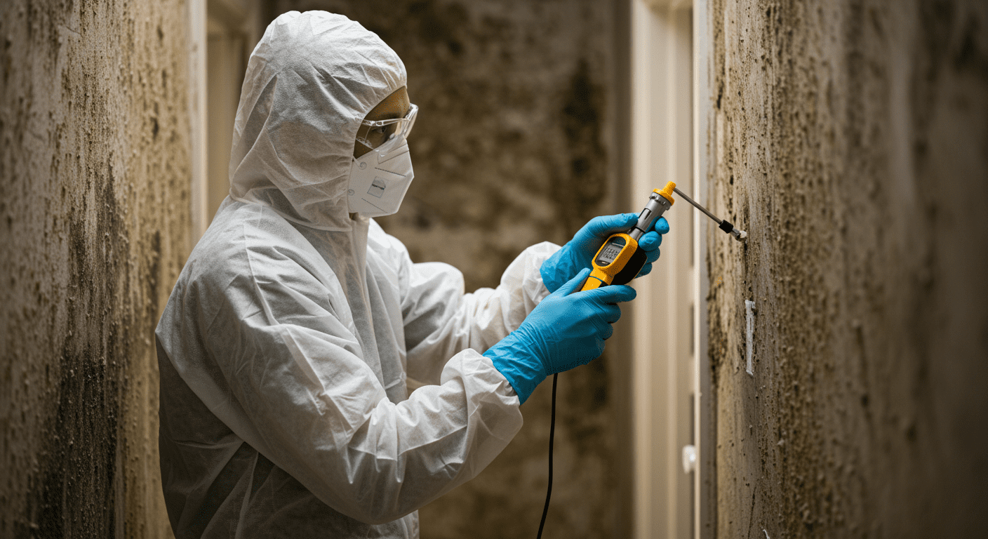 A professional mold remediation technician in protective gear inspecting a home for mold growth. The technician is using a moisture meter on a wall, with visible signs of mold in the background.