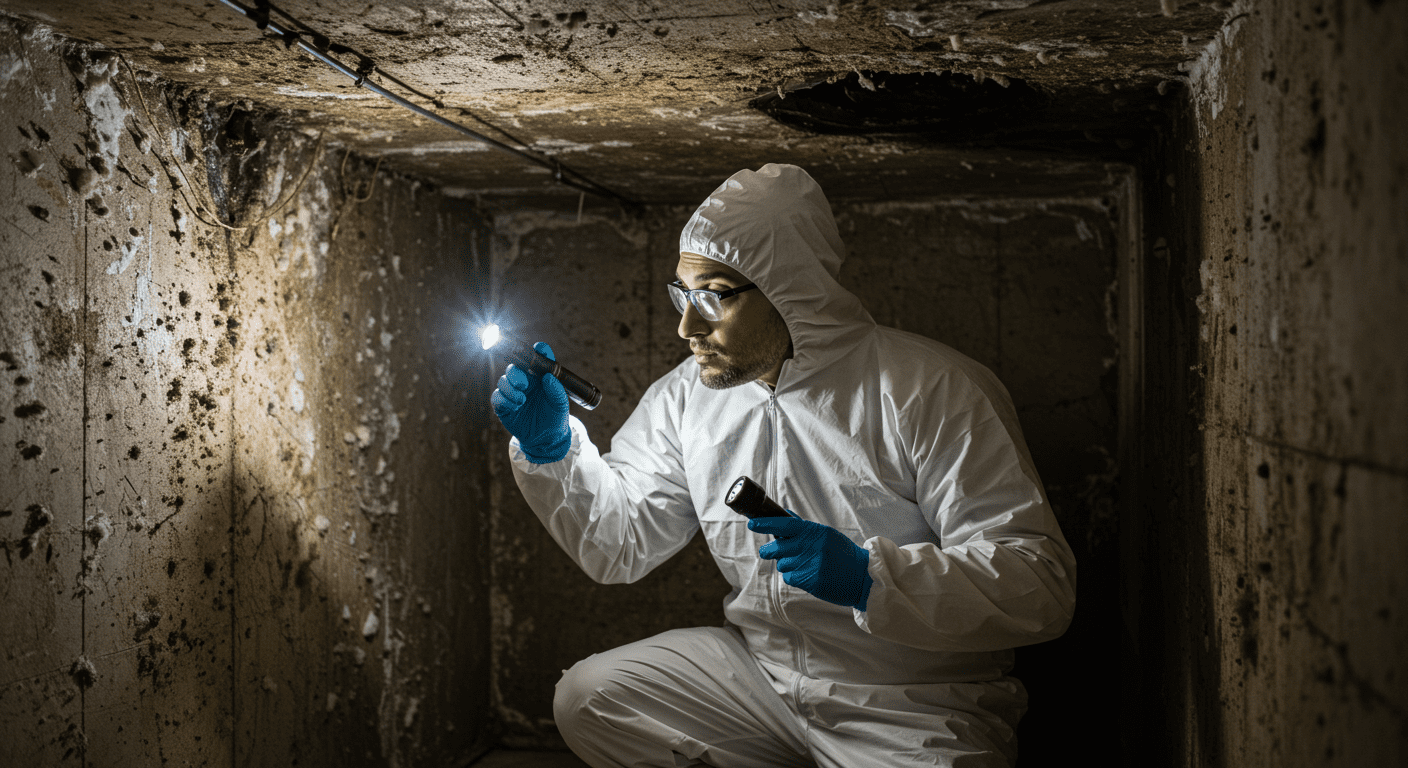 A professional mold inspector examining a damp corner of a basement with a flashlight, highlighting the presence of mold. The inspector is wearing protective gear, emphasizing safety during the inspection process.