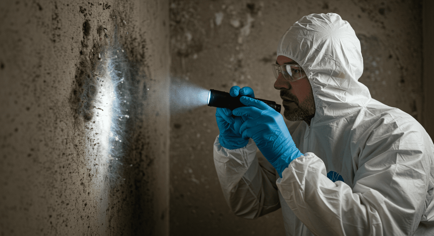 A professional mold inspector examining a damp corner in a residential home, using a flashlight to highlight mold growth. The inspector is wearing protective gear, emphasizing safety.
