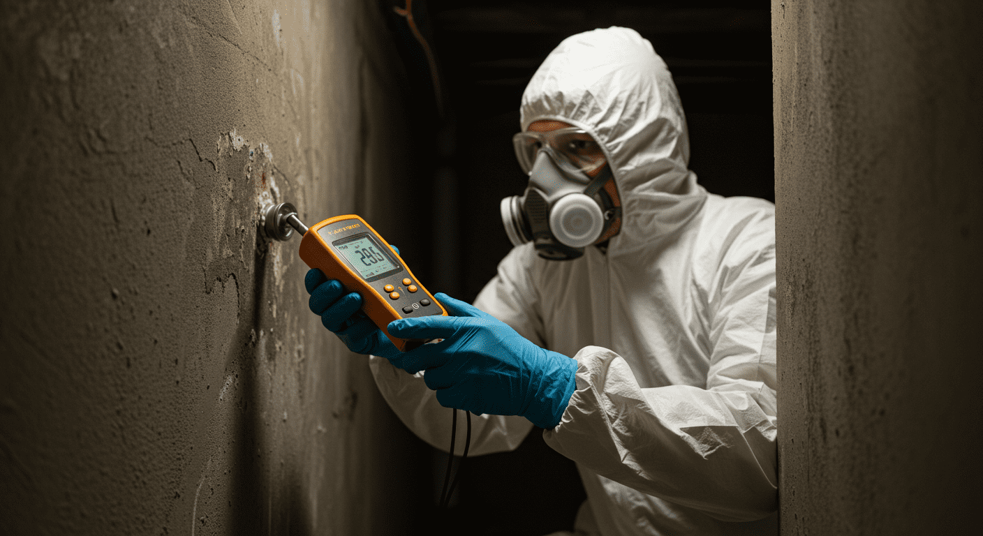 A professional mold inspector examining a damp wall with a moisture meter, showcasing the meticulous inspection process.