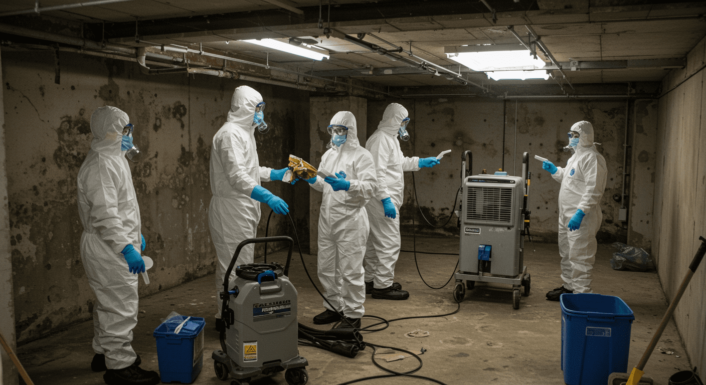 A team of professionals in protective suits actively removing mold from a basement, with equipment like air scrubbers and dehumidifiers visible in the scene.
