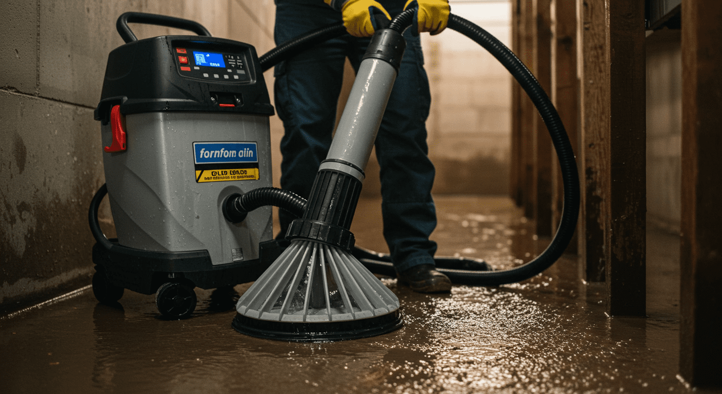 A close-up of a technician using a powerful water extraction machine in a flooded basement. The focus is on the equipment and the technician's careful handling of the situation.