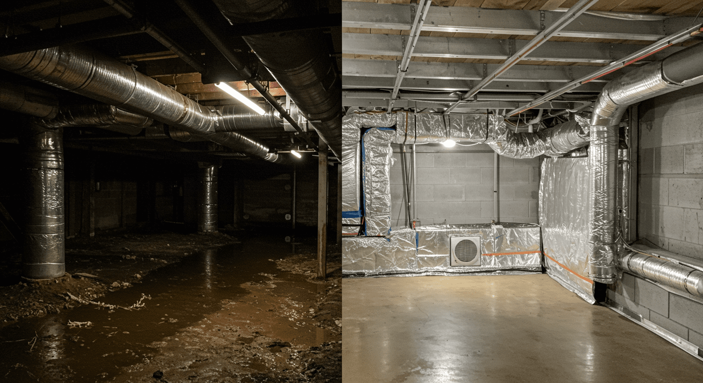A split image showing a dark, damp crawlspace on one side and a bright, clean encapsulated crawlspace on the other. The encapsulated side features a vapor barrier, insulation, and proper ventilation.