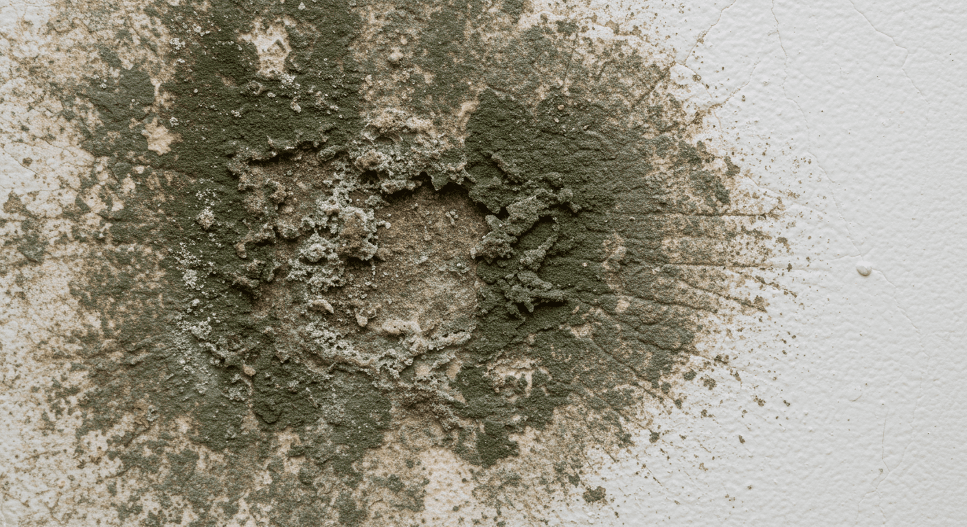 A close-up shot of mold growing on a wall in a home setting, with visible discoloration and texture. The image captures the severity of mold damage.