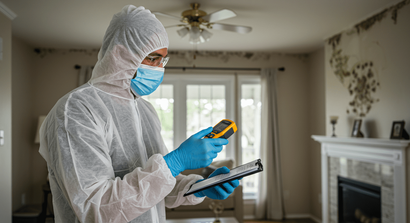 A professional mold assessor inspecting a home's interior, using a moisture meter to check for mold presence. The background features a well-lit living room with visible signs of mold on the walls.