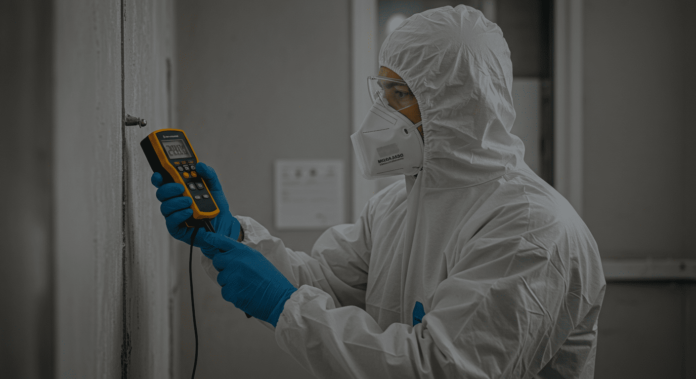 A professional mold inspector examining a wall with a moisture meter, showcasing the inspection process. The inspector is wearing protective gear, emphasizing safety.