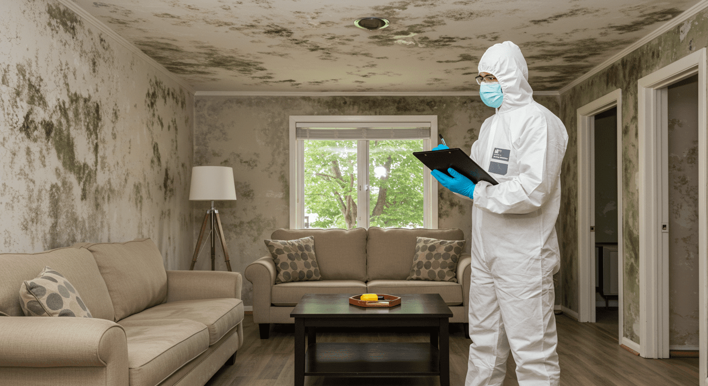 A professional mold inspector examining a home's interior. A well-lit living room with visible signs of mold on walls and ceilings. Neutral tones with pops of green to signify health and safety. Professional and reassuring, instilling trust in the viewer.