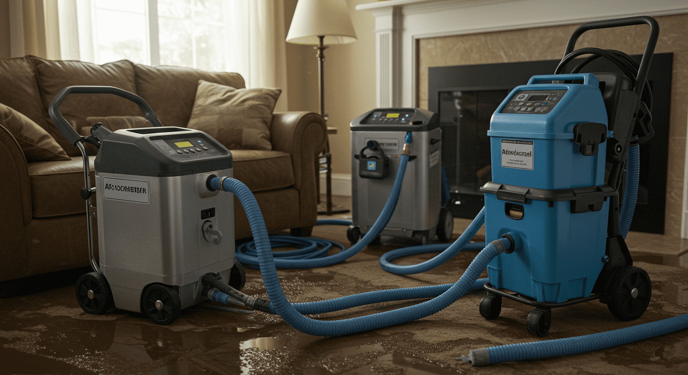 Close-up of professional water damage restoration equipment, such as dehumidifiers and water extraction machines, in a residential setting.