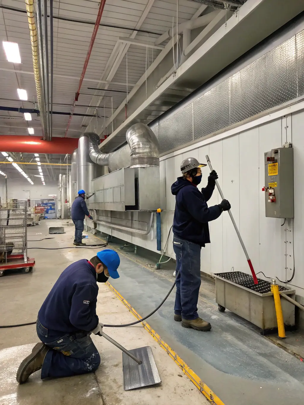 Image of technicians setting up containment barriers and air filtration devices in a mold-affected room, illustrating the containment and air filtration process.