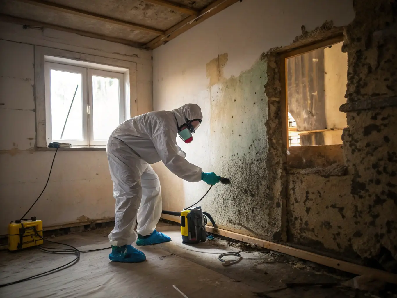 A detailed image showing a technician in protective gear carefully removing mold from a wall, highlighting the containment and removal process. The image should emphasize safety and thoroughness.