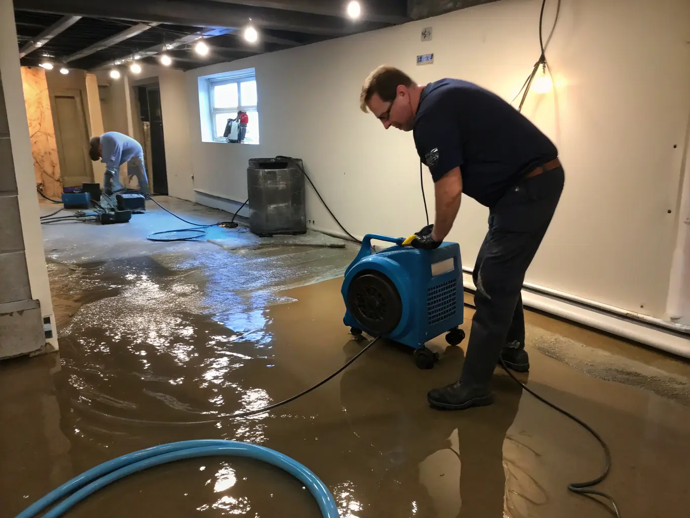 A high-resolution image depicting a water-damaged basement with advanced drying equipment in operation, showcasing the water extraction process. The scene should convey professionalism and efficiency.