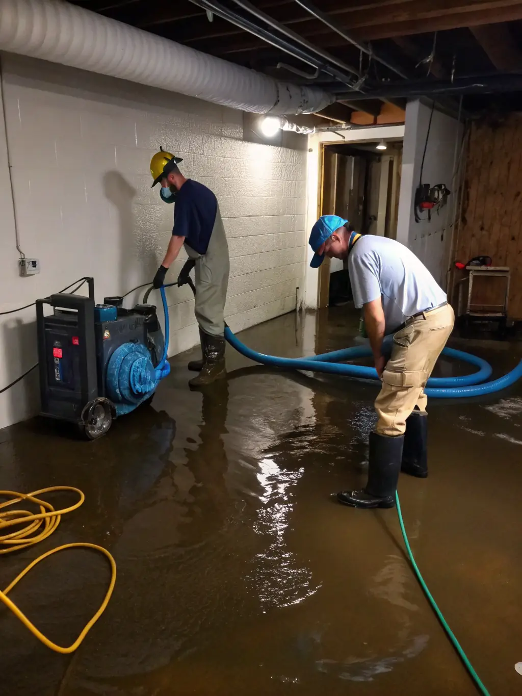 A photo of a flooded basement with technicians using water extraction equipment, emphasizing the immediate response to water damage.