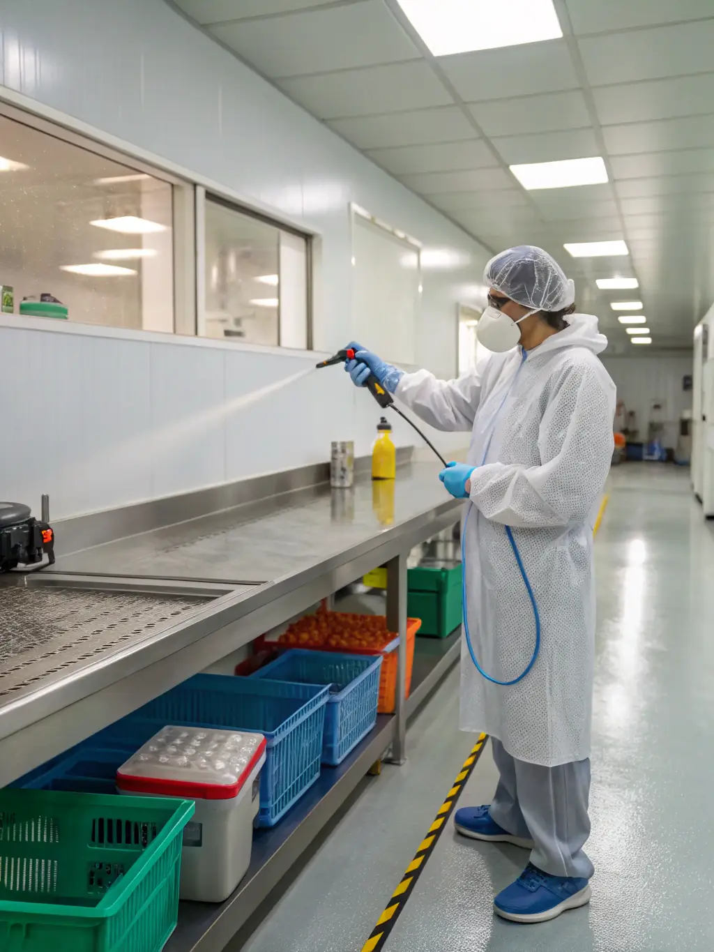 Image of a technician applying antimicrobial solutions to a surface after mold removal, showcasing the cleaning and sanitization phase.