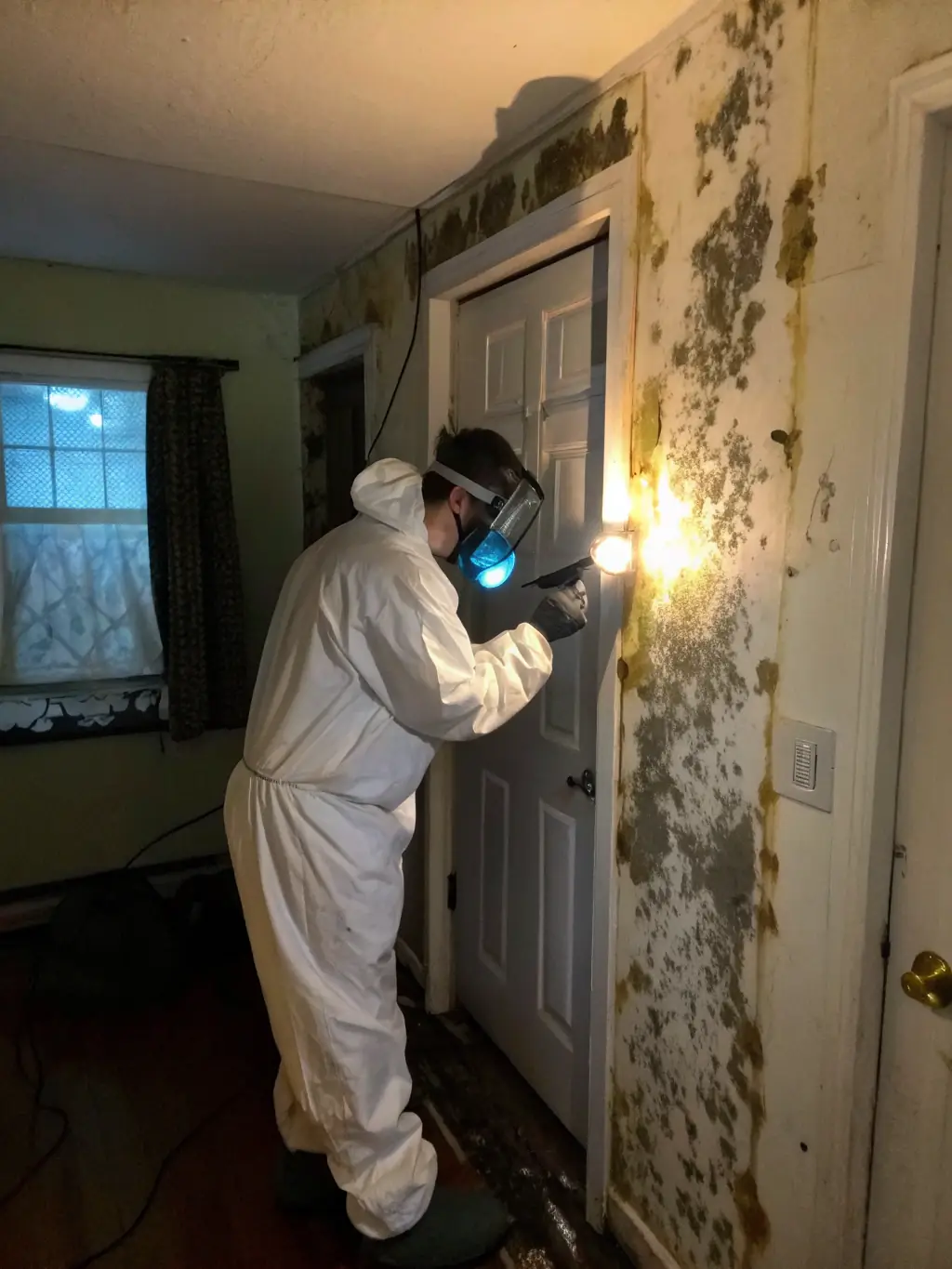 A certified technician in protective gear inspecting a mold-infested area, highlighting the safety and expertise involved in mold remediation.